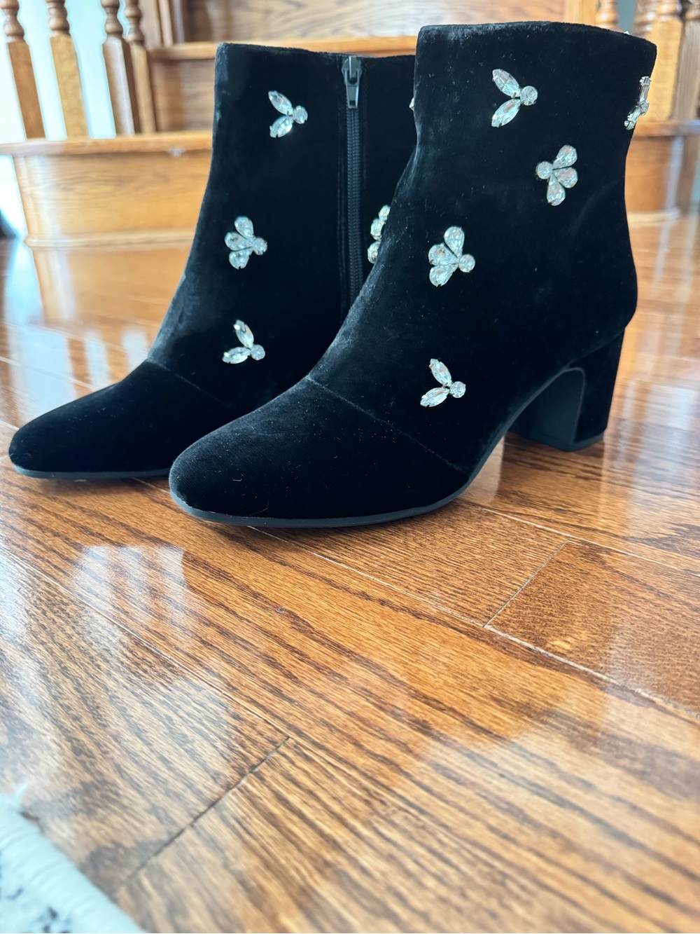 Anne Klein Black Velvet Ankle Boots with Crystal Motifs